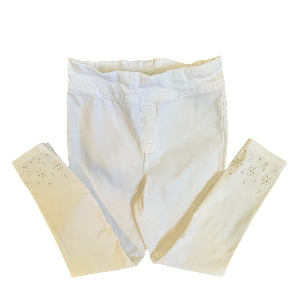 Hue Womens White Denim Leggings Floral Eyelet Rhinestone Ankle Jeggings Size M